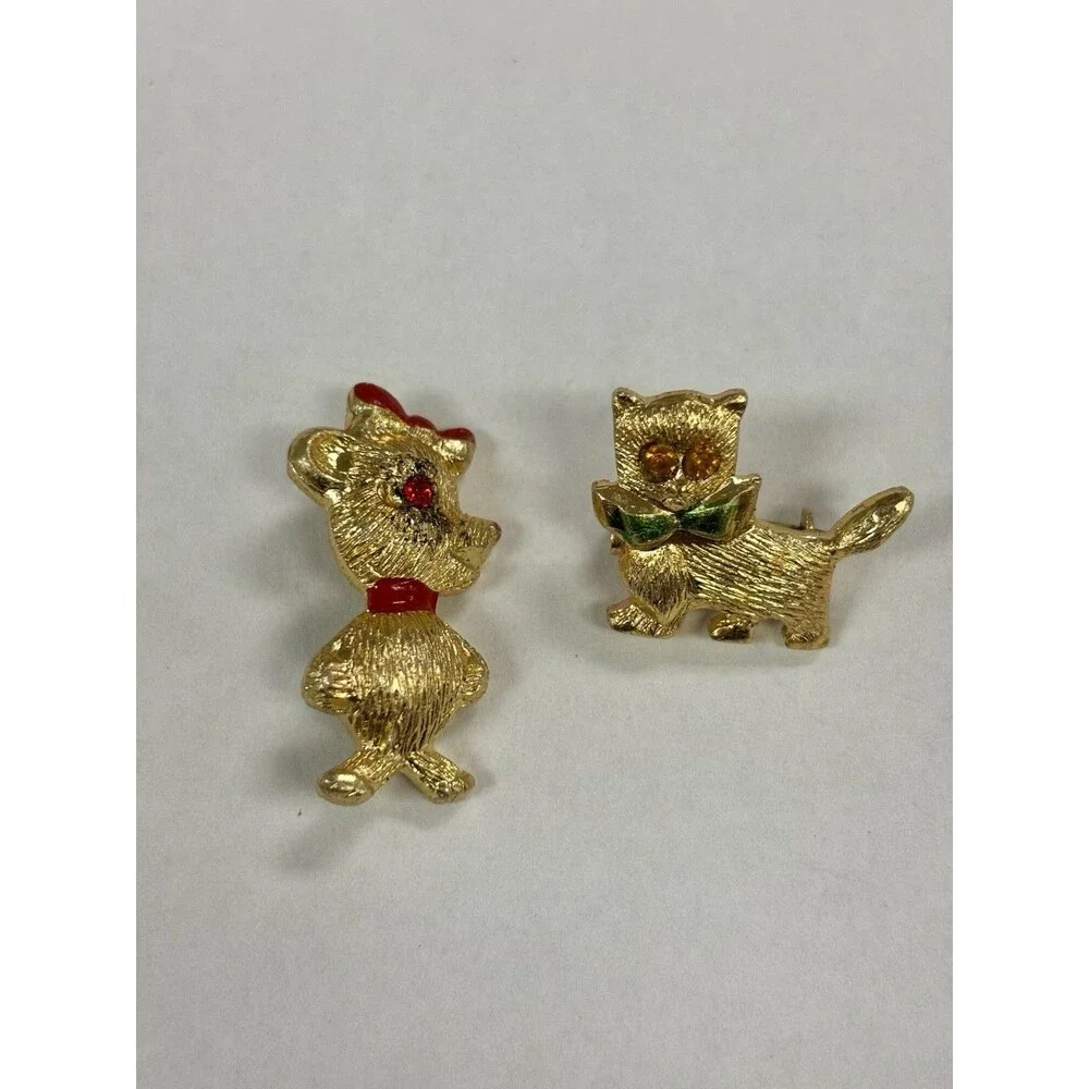 Vintage Hong Kong Cat Bear Brooch Pin Lot Gold Tone Rhinestone Enamel
